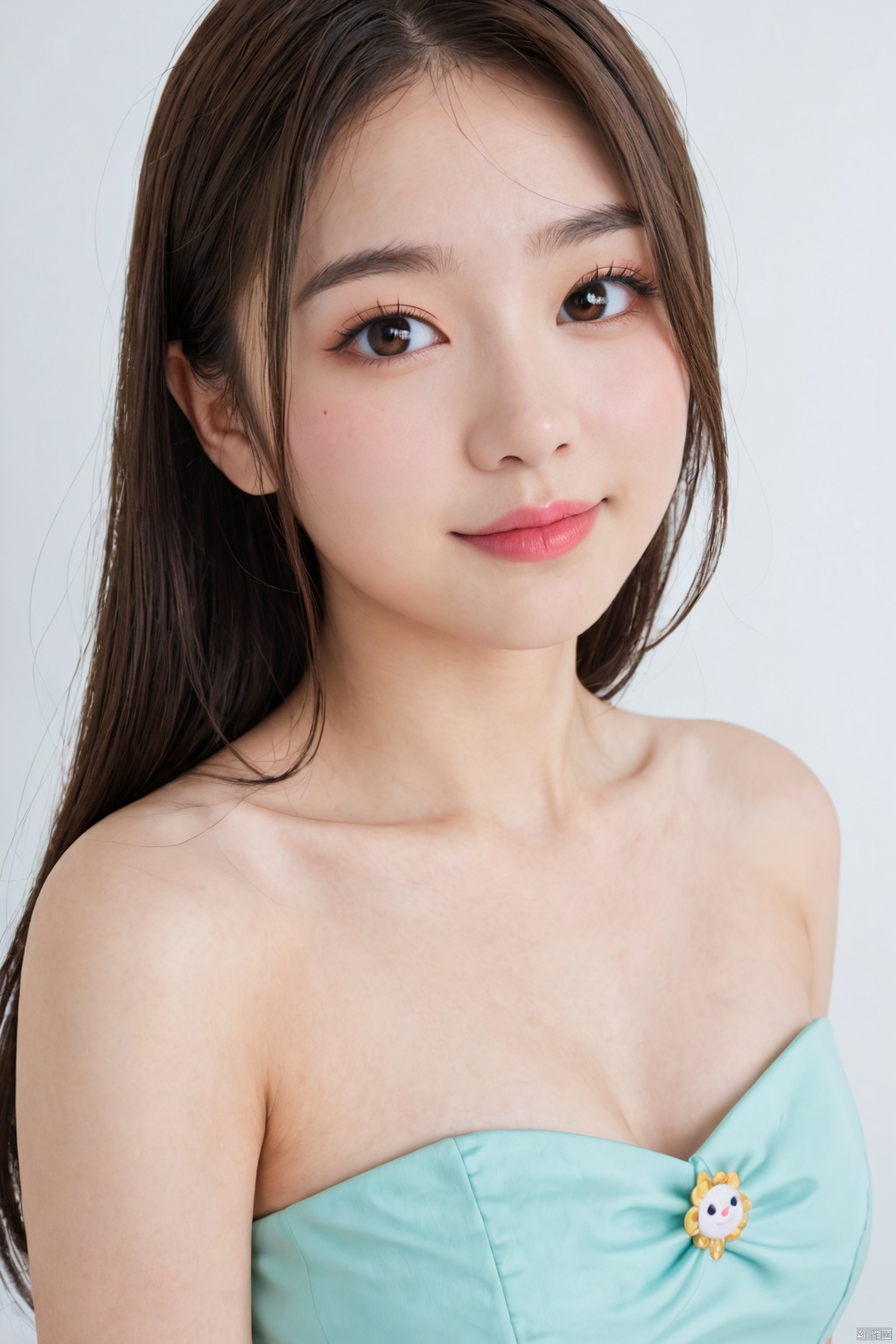 Cute close-up of a 15-year-old girl, upper body,strapless top,exposed shoulders