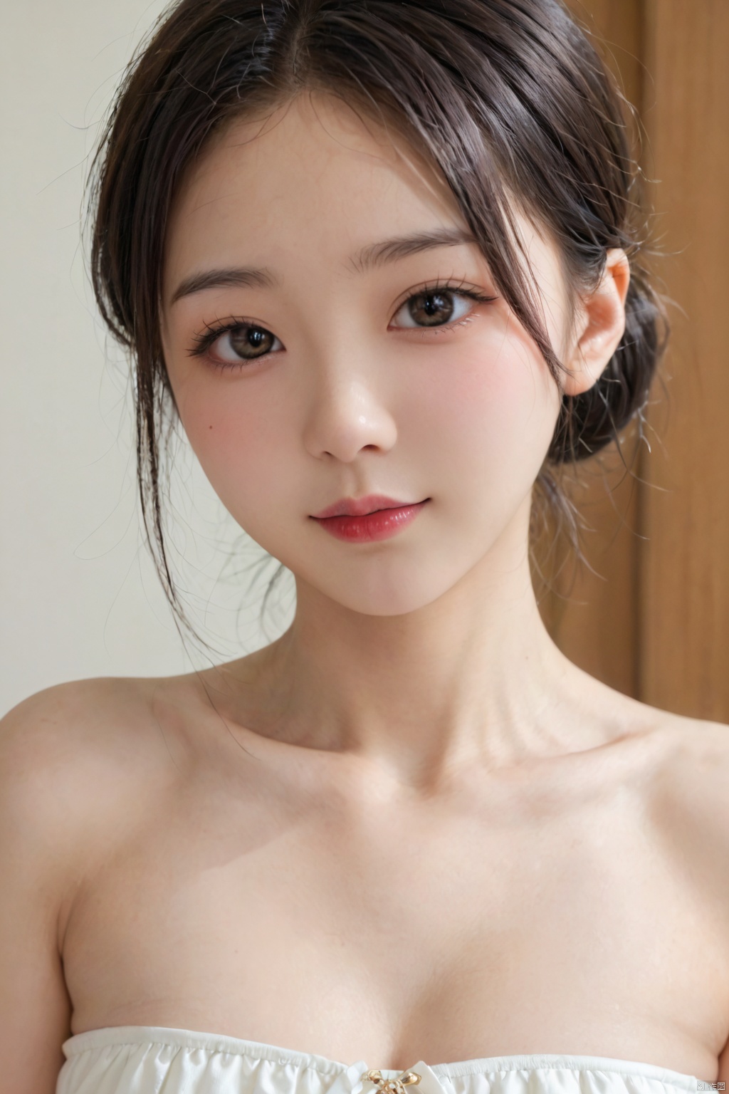 Cute close-up of a 15-year-old girl, upper body,strapless top,exposed shoulders
