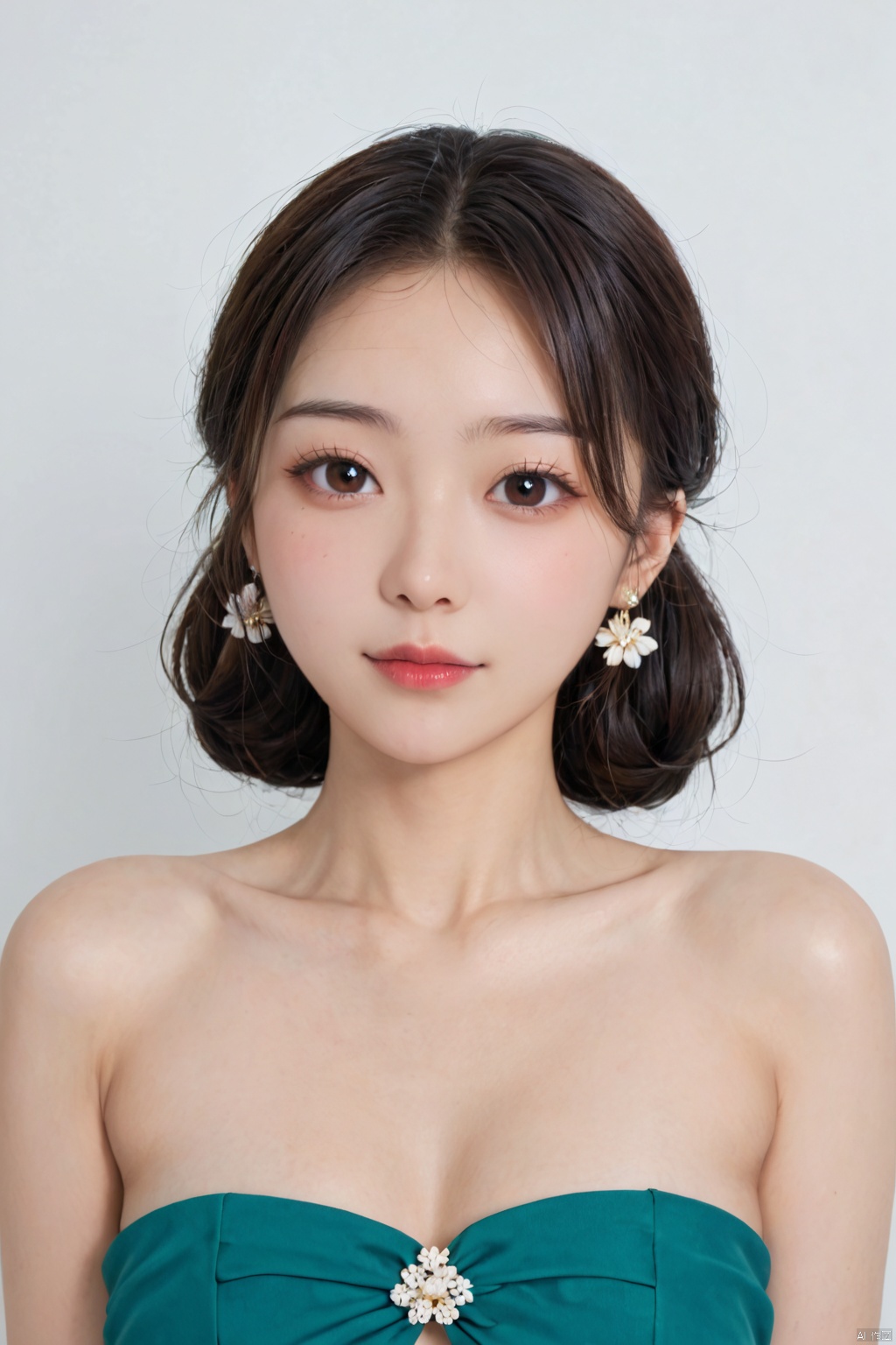 Cute close-up of a 15-year-old girl, upper body,strapless top,exposed shoulders