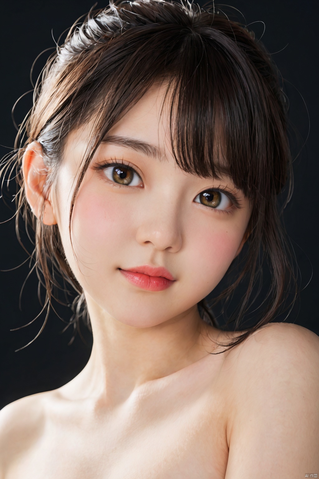Cute close-up of a 15-year-old girl, upper body,strapless top,exposed shoulders