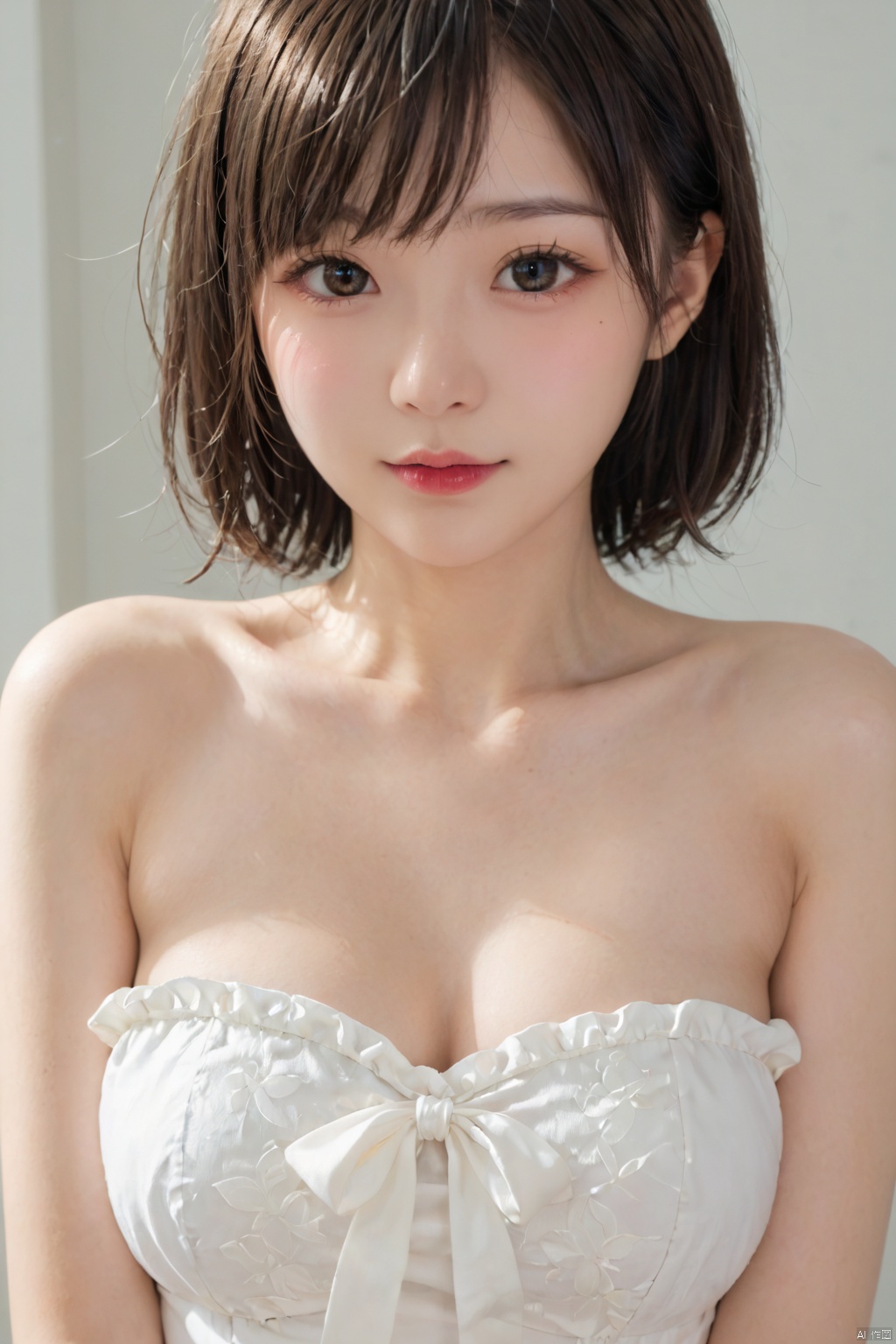 Cute close-up of a 15-year-old girl, upper body,strapless top,exposed shoulders