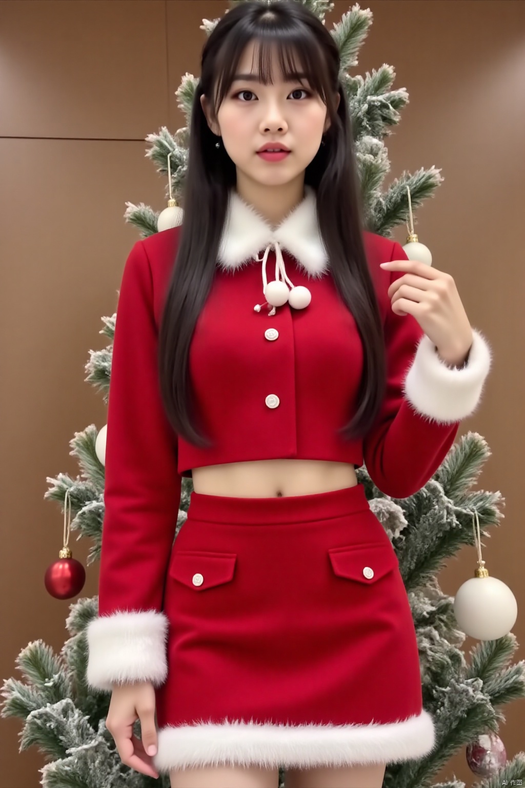 (masterpiece, best quality:1.4),finely detailed,1 Chinese girl,18years old, solo, long hair, breasts, looking at viewer, black hair,lips, realistic,Christmas costumes,Christmas Top,christmas skirt,long sleeves