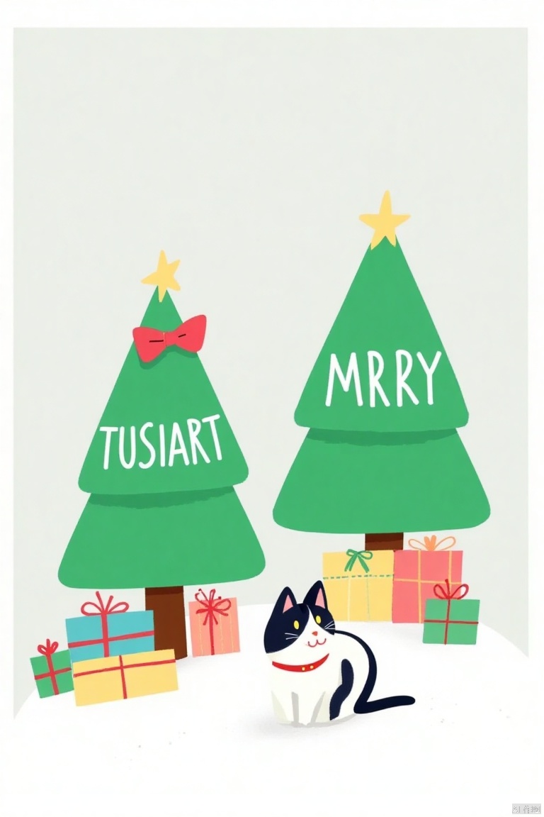 A cartoon drawing of two Christmas trees with the words "TUSIART" and "MRRY" written on them. The tree on the left has a r...