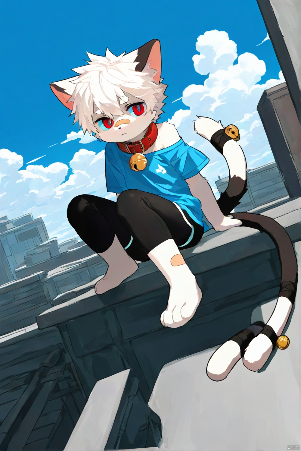 cat boy,1boy,solo,male_focus,(white_hair:0.8),red eyes,[bell on collar,Collar,Cortical collar,Large collar],(blue t-shirt,black_leggings under shorts,black bike_shorts),(barefoot) BREAK dutch angle,vanishing point,sitting on rooftop,(blue sky,cloud,wind),(masterpiece, best quality:1.1),foot focus,bandage on nose,bandage on leg,Tail decoration,cat tail,PVC Style,bare_shoulder,body fur,furry,Akira