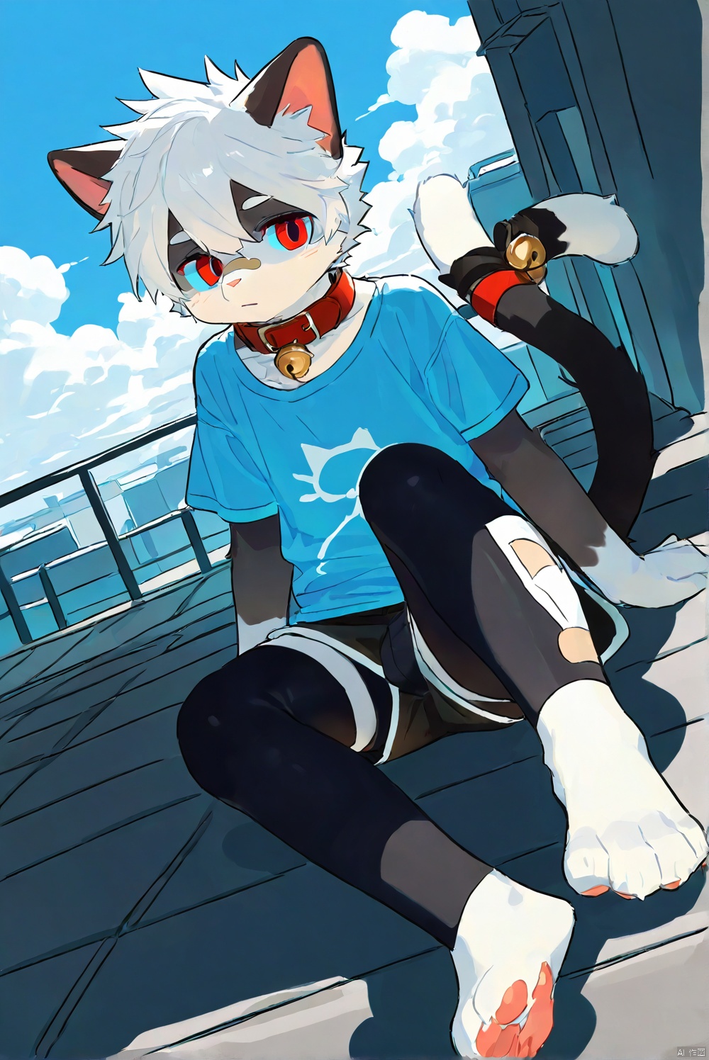 cat boy,1boy,solo,male_focus,(white_hair:0.8),red eyes,[bell on collar,Collar,Cortical collar,Large collar],(blue t-shirt,black_leggings under shorts,black bike_shorts),(barefoot) BREAK dutch angle,vanishing point,sitting on rooftop,(blue sky,cloud,wind),(masterpiece, best quality:1.1),foot focus,bandage on nose,bandage on leg,Tail decoration,cat tail,PVC Style,bare_shoulder,body fur,furry,Akira