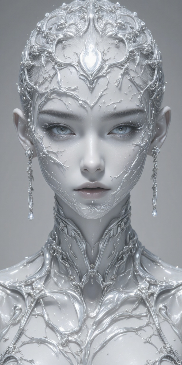 A beautiful bald girl with silver and white futuristic metal face jewelry, her full body made of intricately carved liquid glass in the style of Tadashi, the complexity master of cyberpunk, in the style of James Jean and Peter Mohrbacher. This concept design is trending on Artstation, with sharp focus, studio-quality photography, and highly detailed, intricate details.