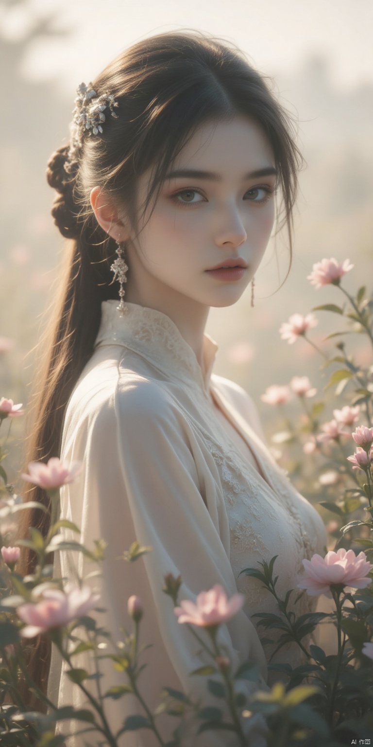 Flowers in the countryside filled with fog at dawn. This style should be ethereal and dreamy and the soft light should create soft shadows on her face. His expression reflects mystery and elegance and adds to the overall surreal atmosphere