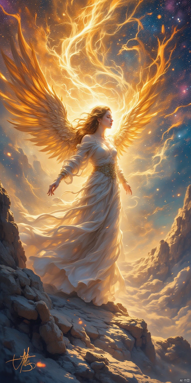 Vortex lines,Abstract,ethereal depiction of a figure with flowing,golden-orange wings,reminiscent of fire and wind. Dynamic,swirling forms create a sense of movement and celestial energy. The figure's posture suggests a powerful flight or embrace of the cosmos. Rich,vibrant colors,blending golds,oranges,blues,and deep purples,evoke a mystical and dreamlike atmosphere. Texture appears to be a mix between paint and flowing fabrics. A sense of depth and perspective is created with layers of color and varying intensity. Text in a stylized,calligraphic font,"Wings of Wind," is superimposed,adding another layer of artistic expression. The background includes swirling nebula-like patterns,suggesting vast space or a mystical backdrop. An otherworldly,almost fantastical style,with a touch of epic grandeur. The overall mood is one of sublime beauty,profound mystery,and a sense of spiritual freedom.,