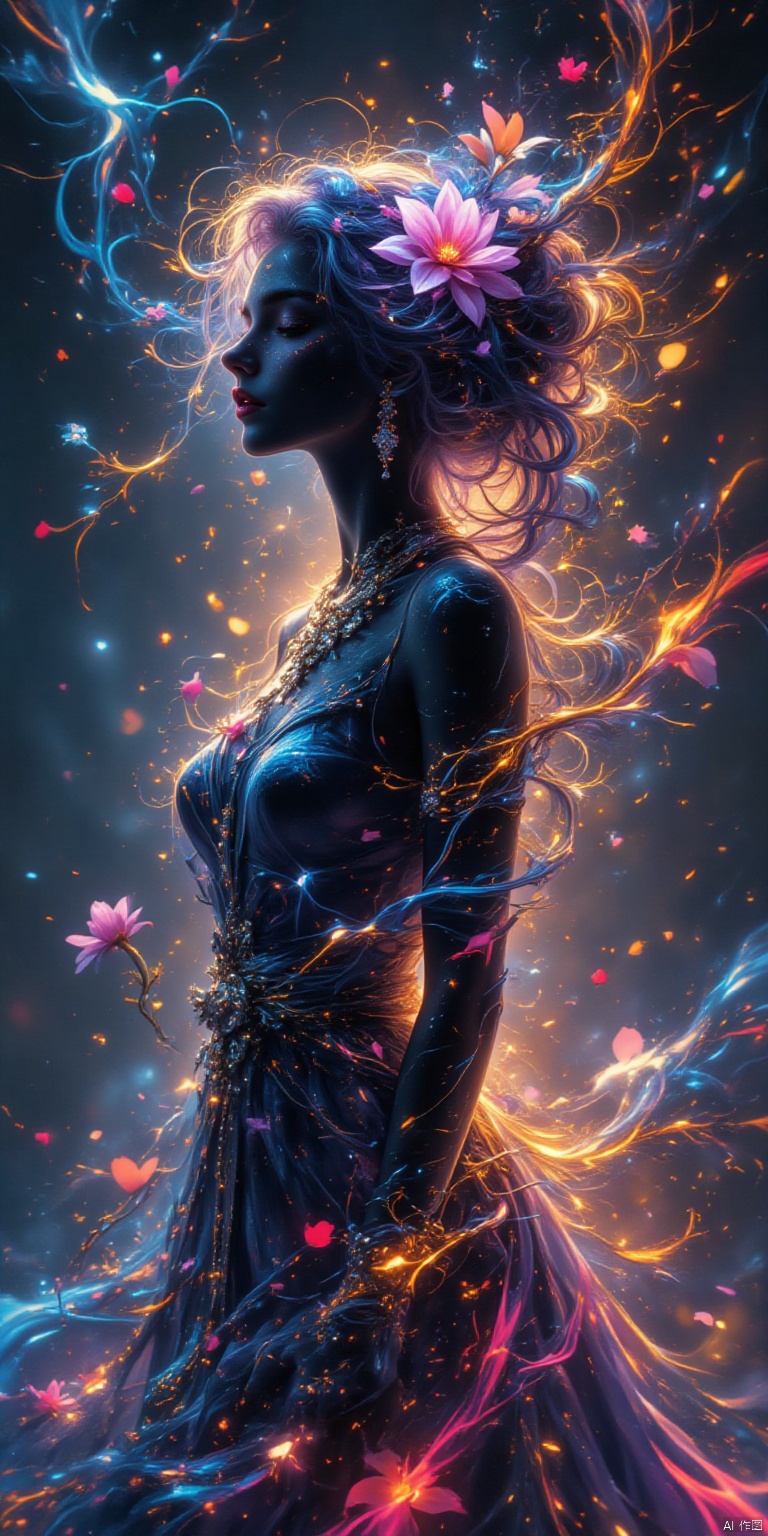 A surrealist illustration of a womans silhouette, full body, with swirls of bright multicolored blacklight ink swirling around her in beautiful colors. flowers in her hair