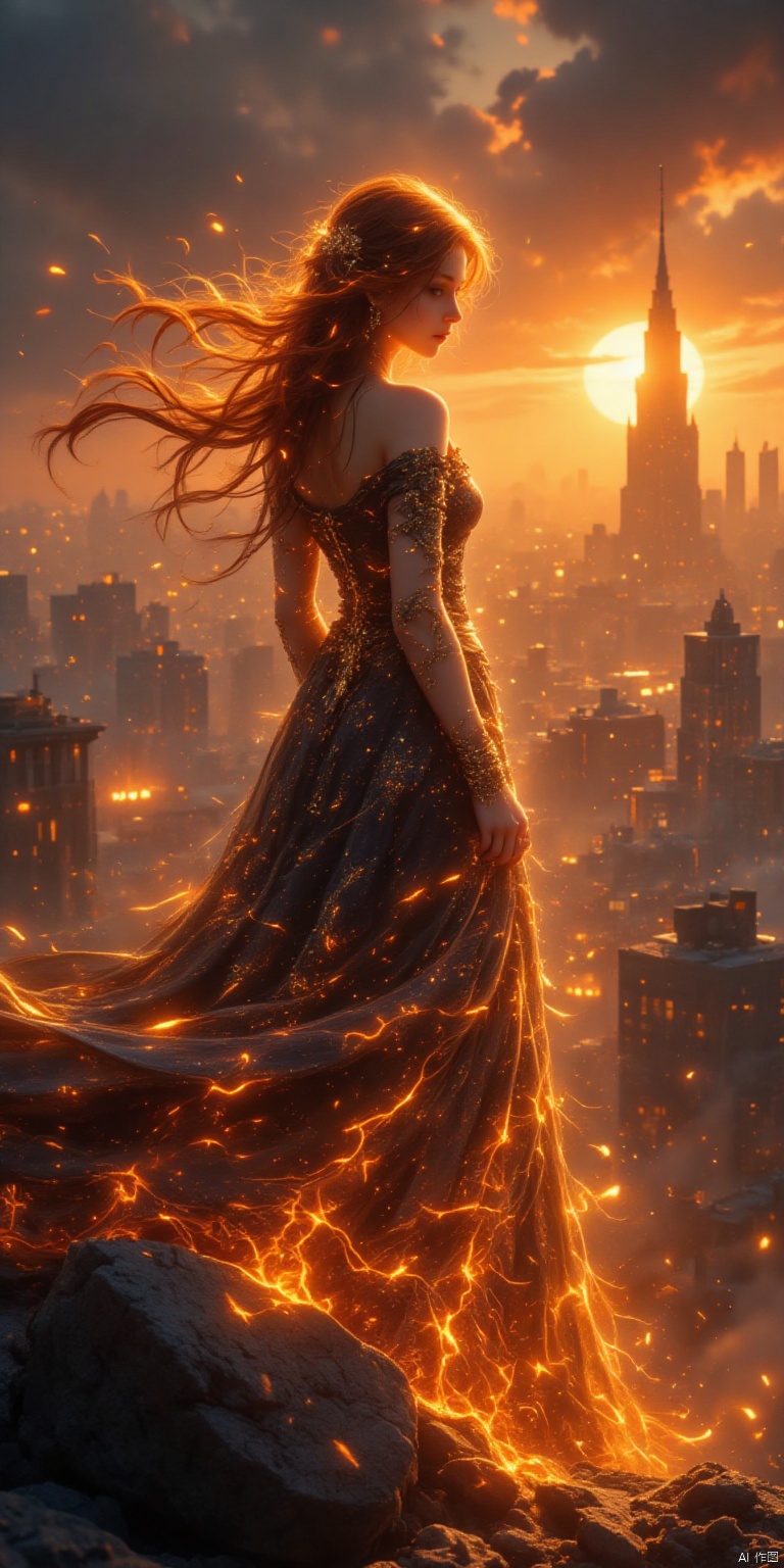 A dramatic portrait of a woman with hair like burning embers,wearing a dress made of fire and shadow,overlooking a burning cityscape at sunset. High resolution,8k,fire lighting,hyperrealistic rendering,detailed textures,burning cityscape,fire,shadow,dramatic,masterpiece.,