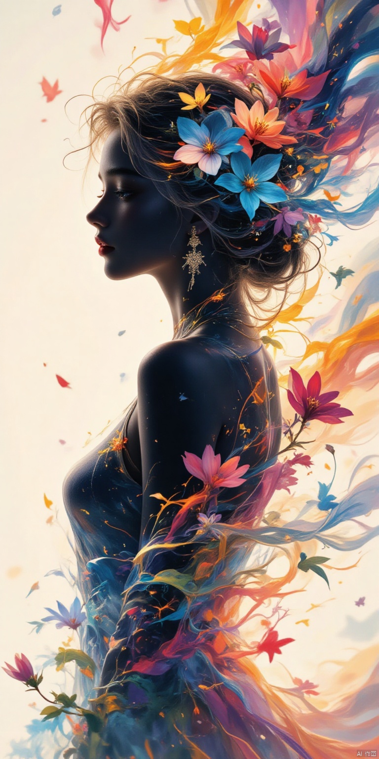 A surrealist illustration of a womans silhouette, full body, with swirls of bright multicolored blacklight ink swirling around her in beautiful colors. flowers in her hair