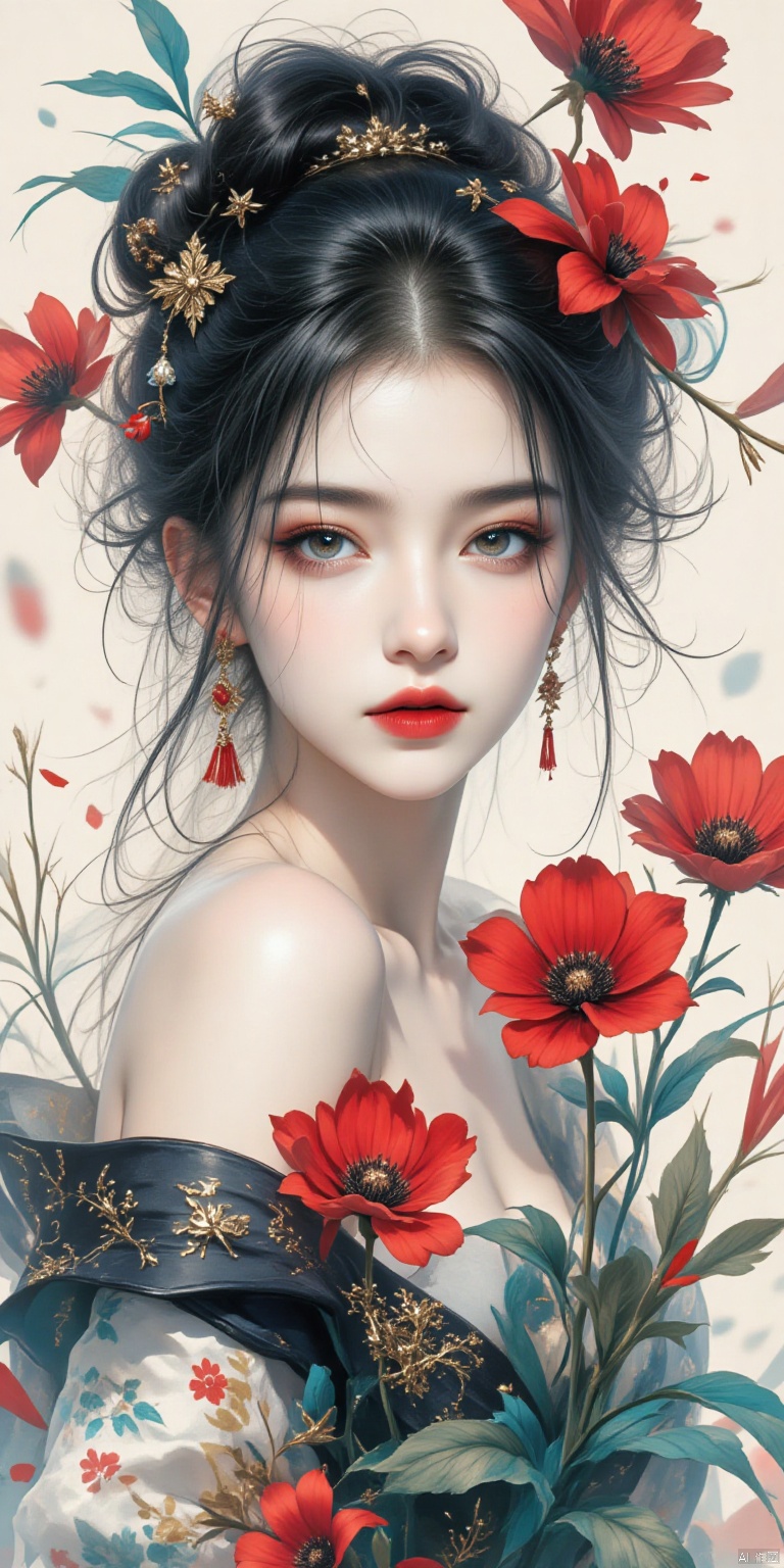 abstract 3 d, woman holding flowers airbrushed, Eugeniusz Zak, tumblr, turquoise, ruby, black, white, Sylvain Sarraj and Igor Morski, featured on artgerm, clubbing flame, abstract 3 d work, awesome
