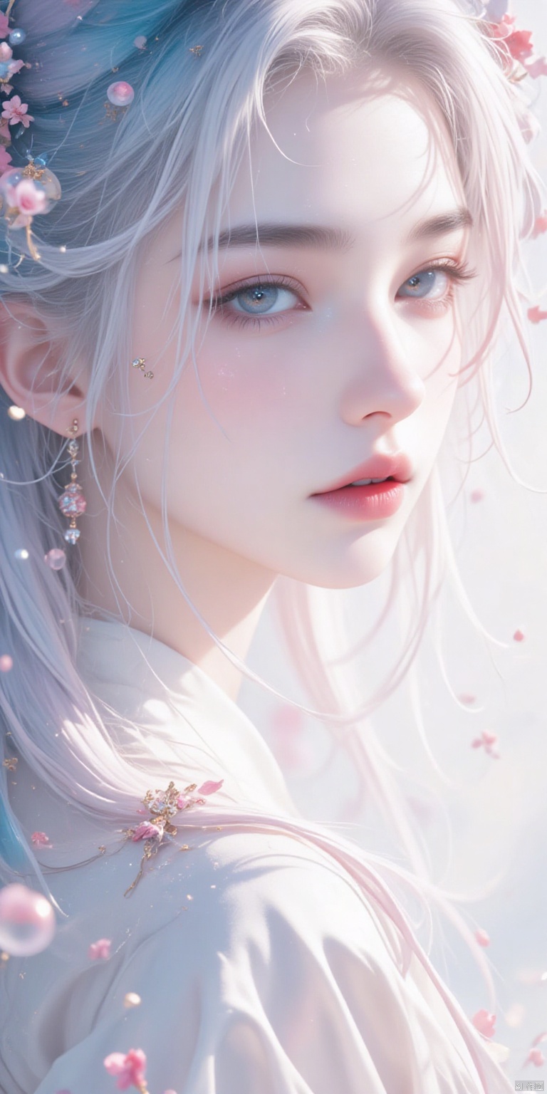 guanghui,color trace,animated image, An eye-level view of a woman's face, the woman's head is covered in a pinkish-pink tint, and her hair cascades over her shoulders. The woman's eyes are open, and she's looking to the left side of the frame. Her hair is a mix of white, pink, and blue, and there are a lot of bubbles floating around her, adding a touch of color to the scene.,shengdanjie,Christmas,Santa Claus,shengdan,Christmas time