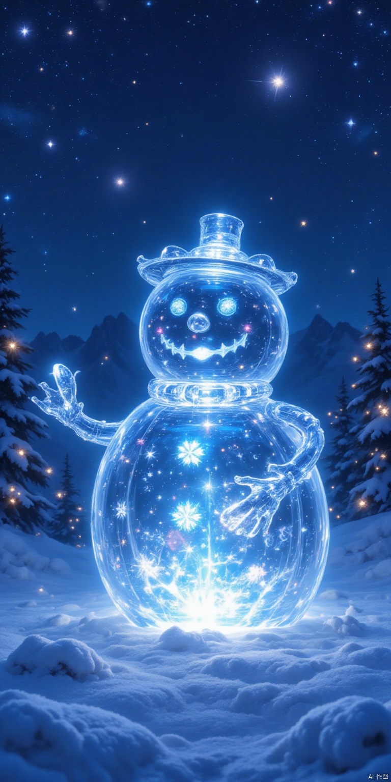Fluorescent art, sky full of stars, snowman ice sculpture
