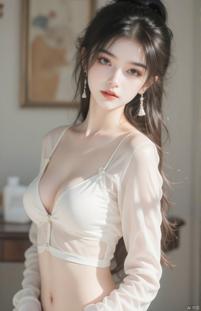 A close-up shot of a stunning beauty,  her porcelain-white complexion radiating in 64k full HD resolution. She wears an ul...