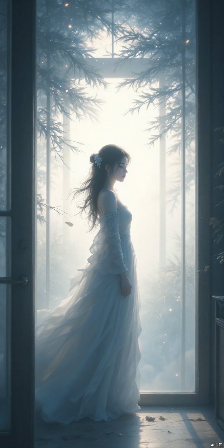 digital art,colorful wallpapaer,Behind a frosted glass pane,the silhouette of a girl is faintly visible,her form softened and blurred by the translucent barrier. The gentle diffusion of light through the glass creates an ethereal glow around her,adding a touch of mystery and elegance. Her shadowy figure moves gracefully,hinting at a story untold,as if she is a dreamlike presence trapped in a world just beyond reach. The subtle play of light and shadow casts an enchanting and almost otherworldly atmosphere,drawing the viewer into a moment of quiet contemplation.