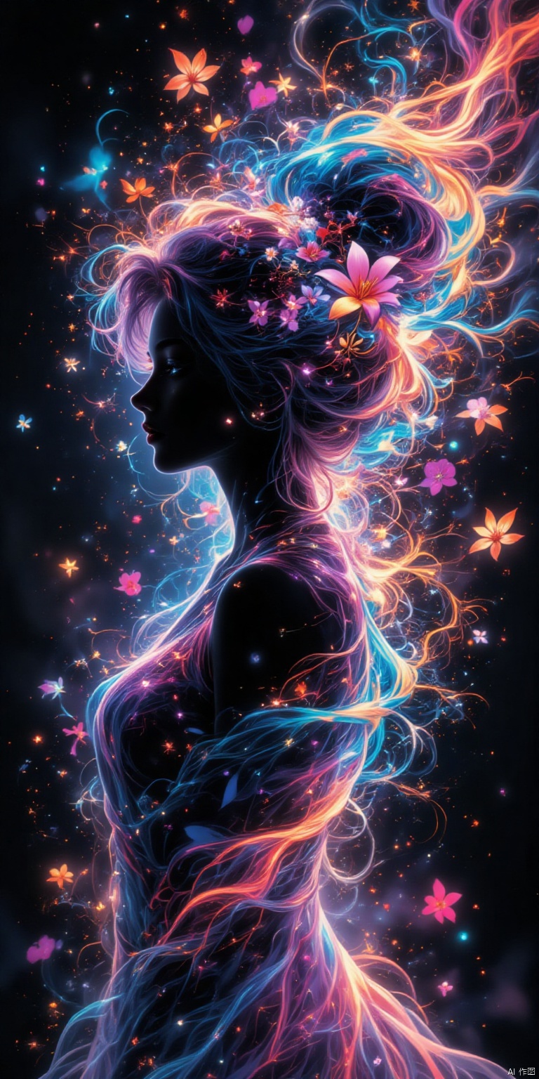 A surrealist illustration of a womans silhouette, full body, with swirls of bright multicolored blacklight ink swirling around her in beautiful colors. flowers in her hair