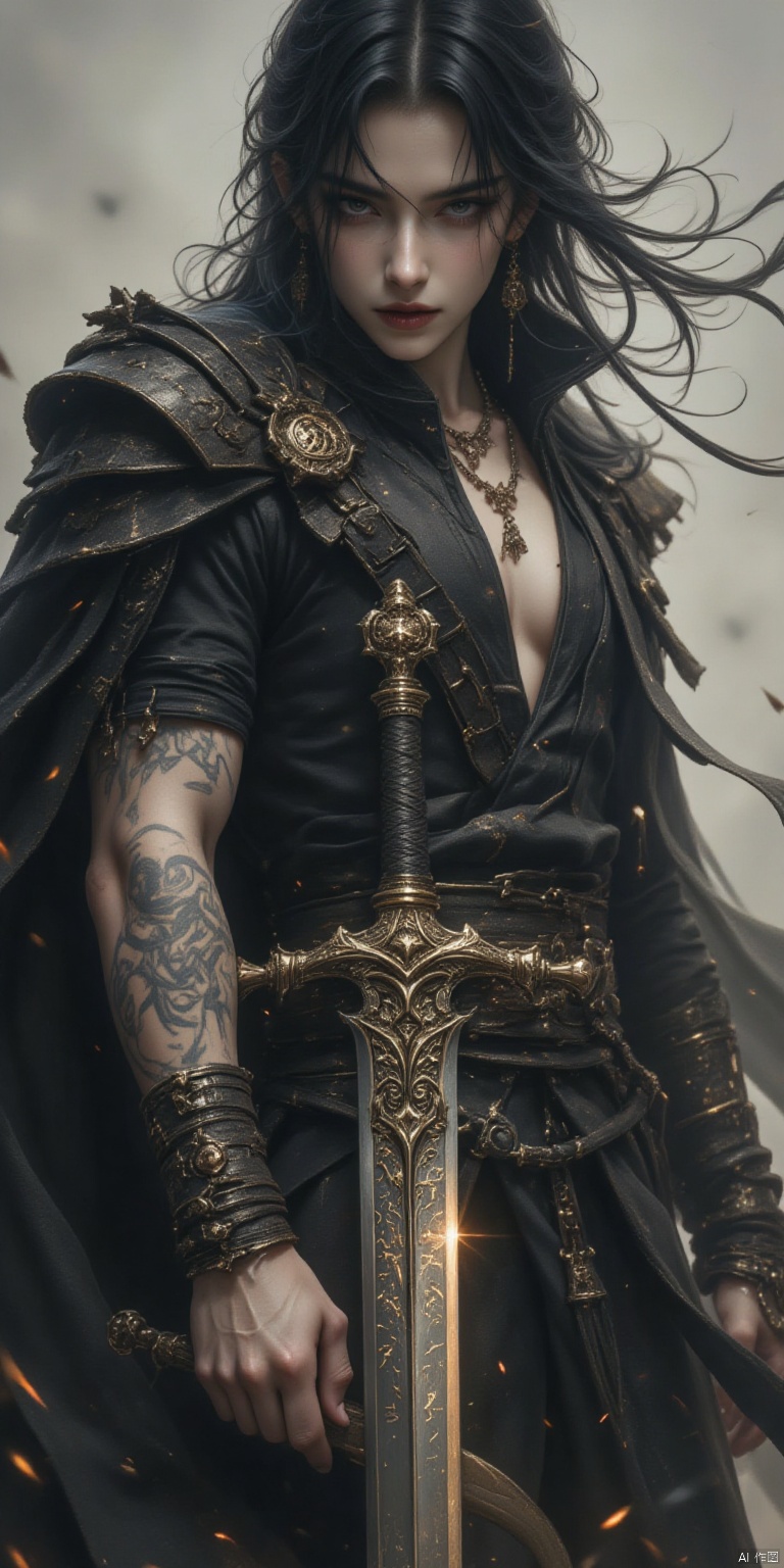 In a half-body portrait,the vampire's body leans slightly forward,his eyes tightly fixed on the front,as if searching for prey. His long hair flutters in the wind,and his tattered cloak sways with the breeze,revealing glowing tattoos. These tattoos form eerie images on his skin,**** cursed symbols. One of his hands clutches an ancient sword,the blade of which is engraved with mysterious runes,exuding an ominous aura.,