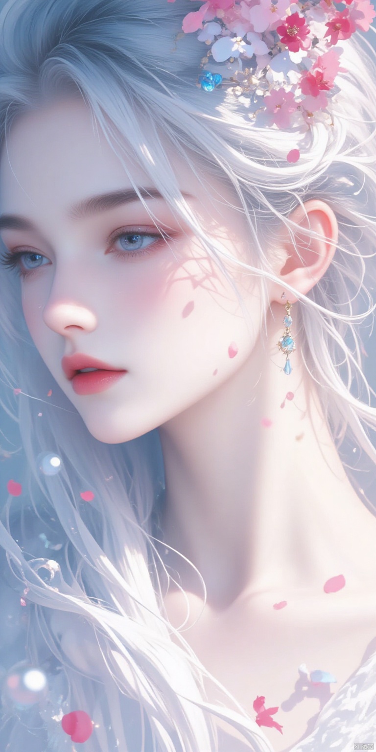 guanghui,color trace,animated image, An eye-level view of a woman's face, the woman's head is covered in a pinkish-pink tint, and her hair cascades over her shoulders. The woman's eyes are open, and she's looking to the left side of the frame. Her hair is a mix of white, pink, and blue, and there are a lot of bubbles floating around her, adding a touch of color to the scene.,shengdanjie,Christmas,Santa Claus,shengdan,Christmas time