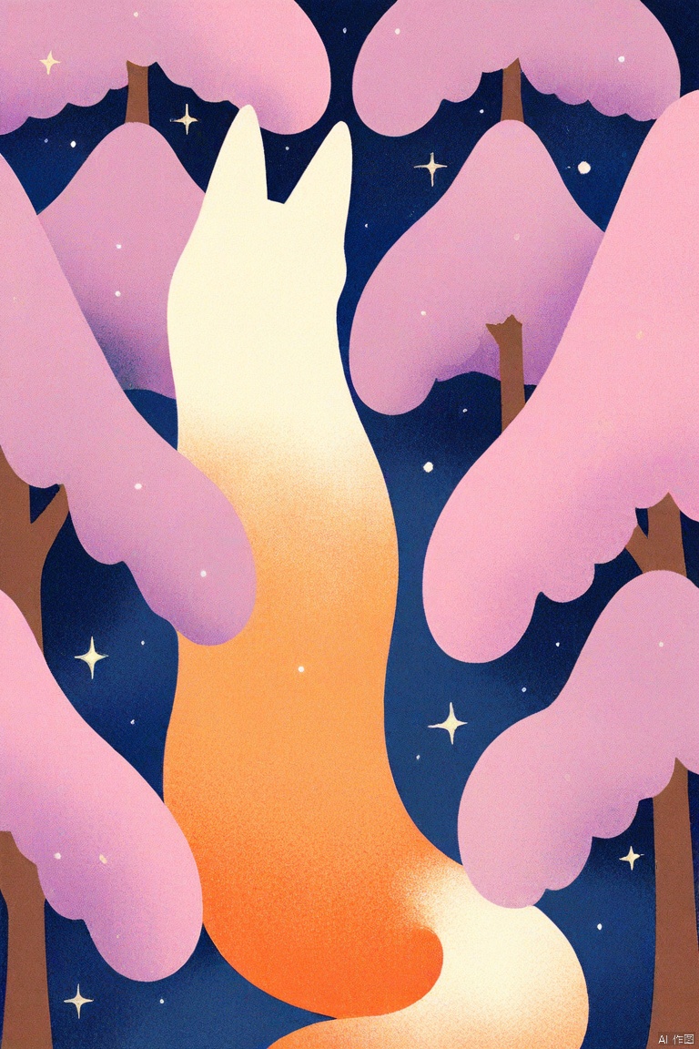 chahua,flat color,
An abstract painting of a fox in the middle of the frame. The fox's fur is a vibrant orange color, and the fox's tail is a lighter shade of orange. There are mountains in the background, with snow on the mountains. The background is a deep blue, and there are white stars scattered across the sky. There is a white outline of a tree on the left side of the image.


