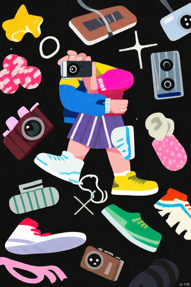 chahua,flat color,
An animated image of a person wearing a blue jacket and black and white sneakers. The person is standing on a black surface with a yellow star behind them. There is a black camera on the surface in front of the person.

