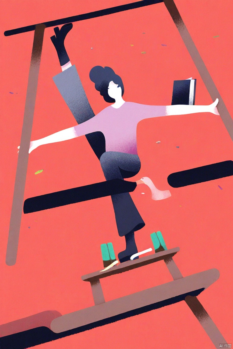 chahua,flat color,
Captured from a low-angle perspective on a vibrant red backdrop, a woman with long black hair and a white face is depicted in mid-flight, her arms stretched out to the sides of her body. She is wearing a long sleeve shirt, black pants, and black high-heeled boots. Her legs are bent at her knees, and she is holding a book in her right hand. Her left hand is raised in the air, while her right arm is stretched out in a downward position. The woman's left leg is bent at the elbow, and her right leg is resting on a book. The book is held in a horizontal position, with a wooden wheel on the left side of the image. The wheel has four white stars on it, adding a touch of color to the scene.

