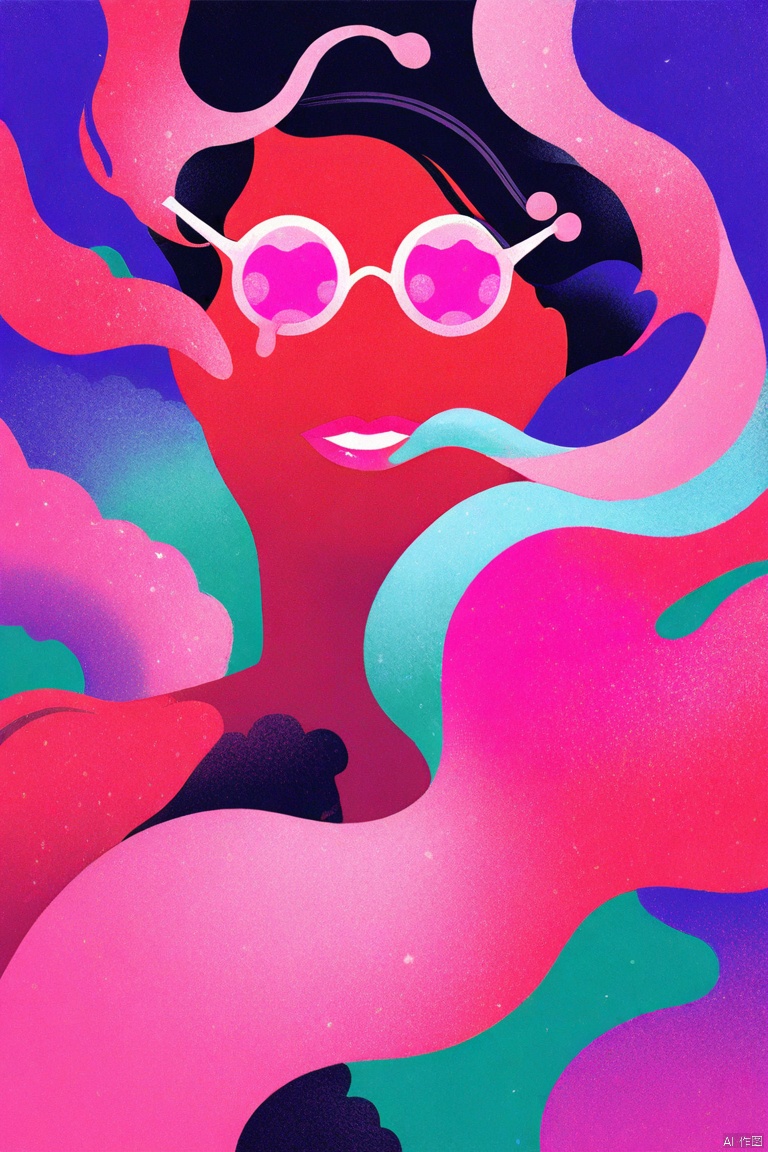 chahua,flat color,
An eye-level painting of a woman's face, painted in a vibrant shade of pink. Her eyes are tinted black, while her lips are a lighter shade of purple. Her hair is white, and her hair is long and cascades over her shoulders. The background is a deep blue, and the woman's head is adorned with two large black X-shaped glasses. The woman's mouth is slightly open, with a slight smile on its face.