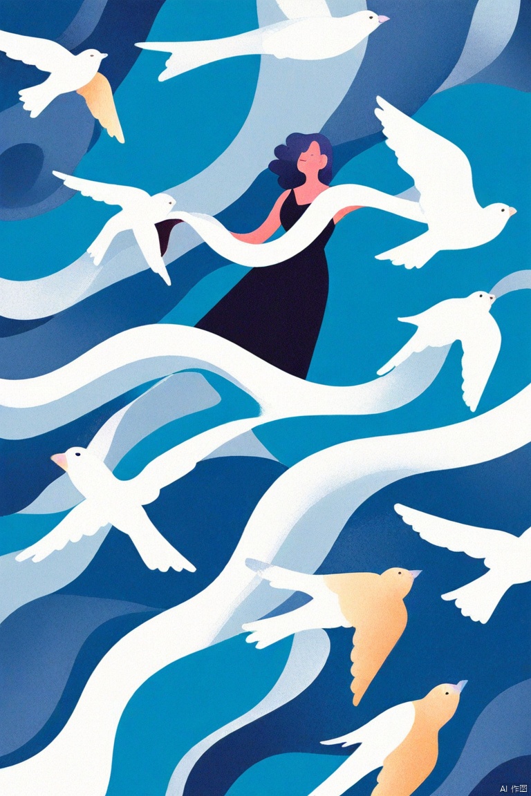 chahua,flat color,
An animated image of a woman in a black dress, with her arms wrapped around her waist. The woman's head is turned towards the left side of the image, and her eyes are closed. She is standing in front of a blue sky with white waves, and a black bird is flying towards her right side. There are white birds flying in the sky above her.

