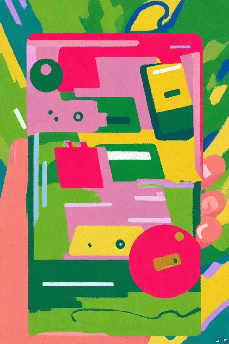 chahua,flat color,
An abstract painting of a black woman with a pink shirt on. The woman has a pink phone in her right hand and a green phone on her left hand. Her left hand is holding a green book with a yellow button on it. Her right hand has a red phone with a green button on the right hand. The background is a bright lime green.




