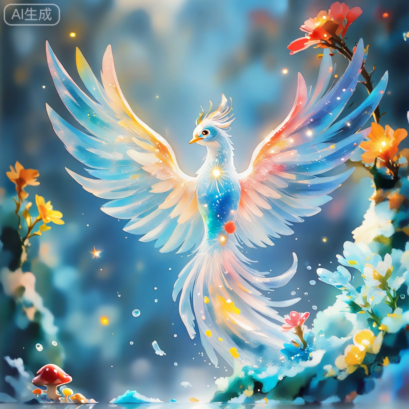 JYZGF, guohuaf, Child Graffiti Painting, mudiaoshanshui, masaikefeng, huoyangxiao, healing children's illustrations, creative animation, FLUX graffiti, magical animation style, a girl pours water by the Crescent Spring, the bottle flow hits the rocks and splashes crystal birds, the water drops fall to the ground and grow a luminous mushroom forest, the ripples reflect the twelve constellations, watercolor style