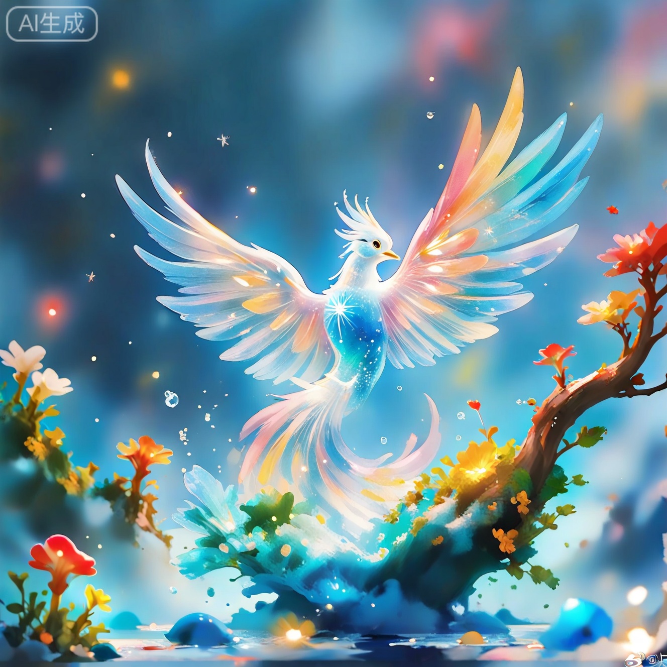 JYZGF, guohuaf, Child Graffiti Painting, mudiaoshanshui, masaikefeng, huoyangxiao, healing children's illustrations, creative animation, FLUX graffiti, magical animation style, a girl pours water by the Crescent Spring, the bottle flow hits the rocks and splashes crystal birds, the water drops fall to the ground and grow a luminous mushroom forest, the ripples reflect the twelve constellations, watercolor style