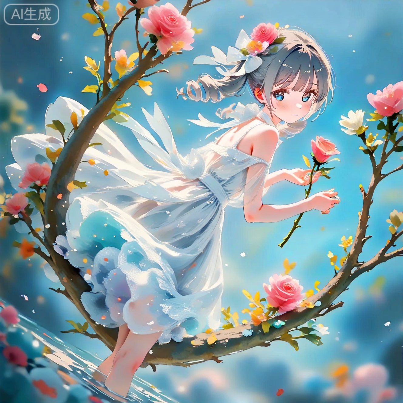 masterpiece,very aware,highres,absurdres,newest,best quality,loli,petite,high quality,chromatic_aberration,cinematic_angle,dutch angle, //,artist:ciloranko,artist:ningen_mame,artist:sho_(sho_lwlw),artist:rhasta,artist:wlop,artist:ke-ta,artist:hiten \(hitenkei\),//,1girl, solo, looking at viewer, bangs, blue eyes, hair ornament, dress, bow, ribbon, holding, bare shoulders, closed mouth, flower, hair bow, grey hair, hair flower, white dress, rose, drill hair, pink flower, branch, holding flower

