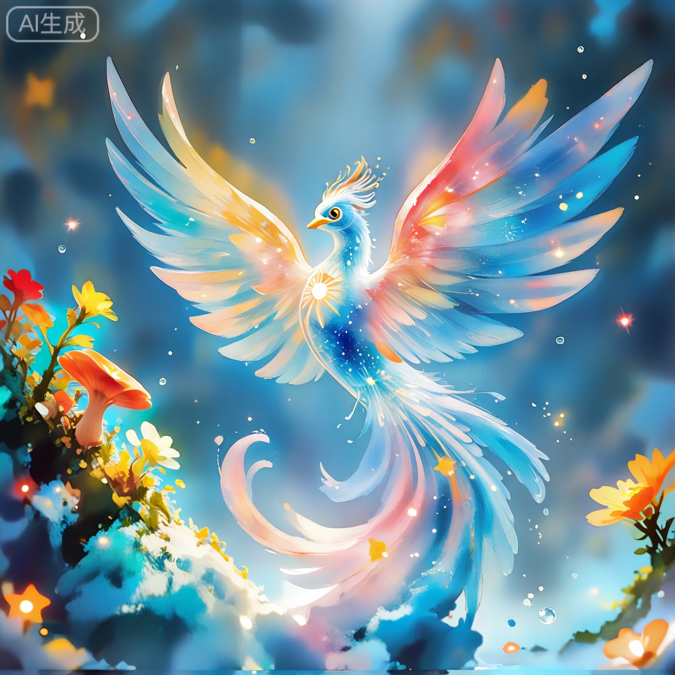 JYZGF, guohuaf, Child Graffiti Painting, mudiaoshanshui, masaikefeng, huoyangxiao, healing children's illustrations, creative animation, FLUX graffiti, magical animation style, a girl pours water by the Crescent Spring, the bottle flow hits the rocks and splashes crystal birds, the water drops fall to the ground and grow a luminous mushroom forest, the ripples reflect the twelve constellations, watercolor style