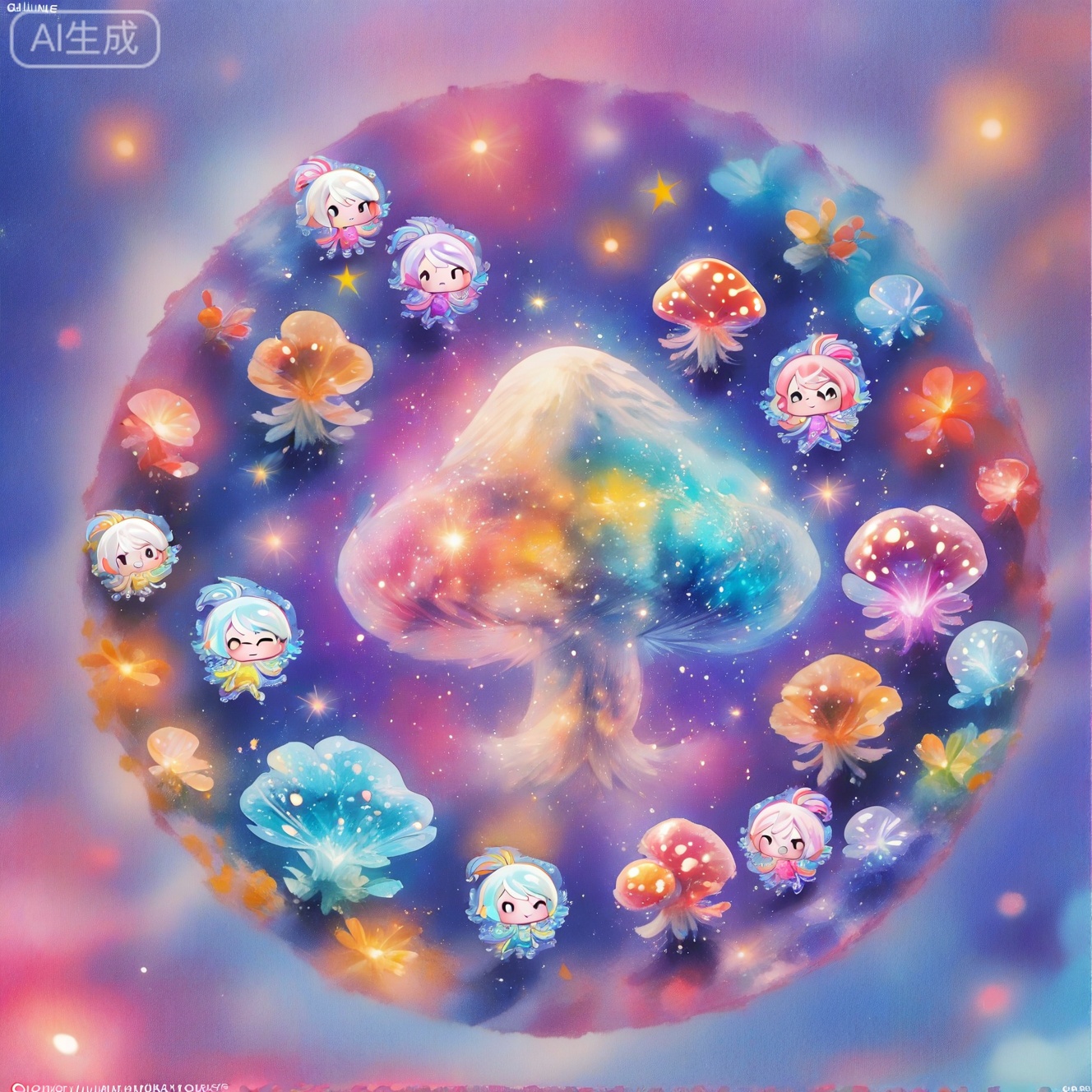 dmt art style,(a white chibi cute girl:1.3),(Dense mushrooms, of different heights, will shine:1.1),The girl leaned against the mushroom,Gleaming mushrooms,illusion,(catling:1.1),colorful,purple,blue,rose hermosa,Dream scene,
