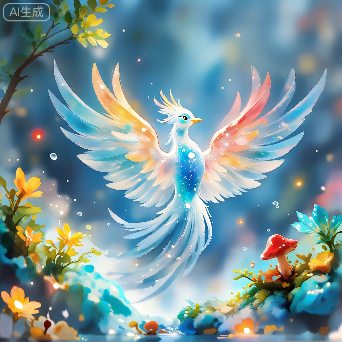 JYZGF, guohuaf, Child Graffiti Painting, mudiaoshanshui, masaikefeng, huoyangxiao, healing children's illustrations, creative animation, FLUX graffiti, magical animation style, a girl pours water by the Crescent Spring, the bottle flow hits the rocks and splashes crystal birds, the water drops fall to the ground and grow a luminous mushroom forest, the ripples reflect the twelve constellations, watercolor style