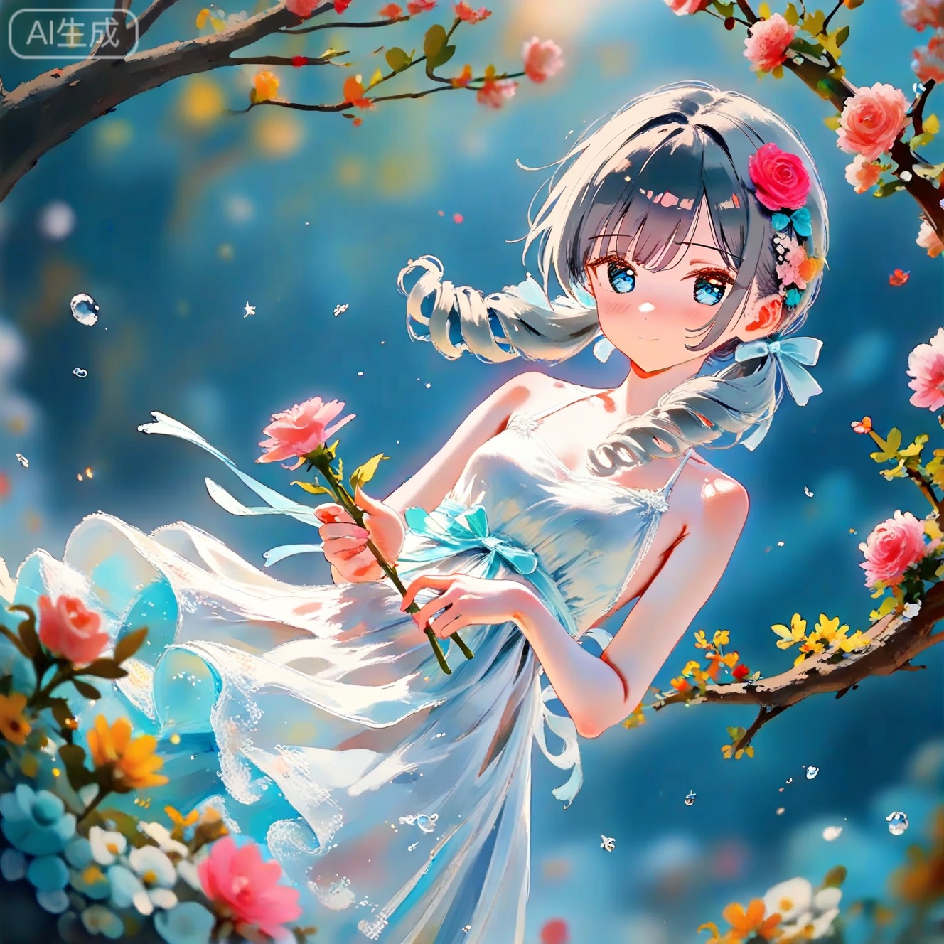 masterpiece,very aware,highres,absurdres,newest,best quality,loli,petite,high quality,chromatic_aberration,cinematic_angle,dutch angle, //,artist:ciloranko,artist:ningen_mame,artist:sho_(sho_lwlw),artist:rhasta,artist:wlop,artist:ke-ta,artist:hiten \(hitenkei\),//,1girl, solo, looking at viewer, bangs, blue eyes, hair ornament, dress, bow, ribbon, holding, bare shoulders, closed mouth, flower, hair bow, grey hair, hair flower, white dress, rose, drill hair, pink flower, branch, holding flower

