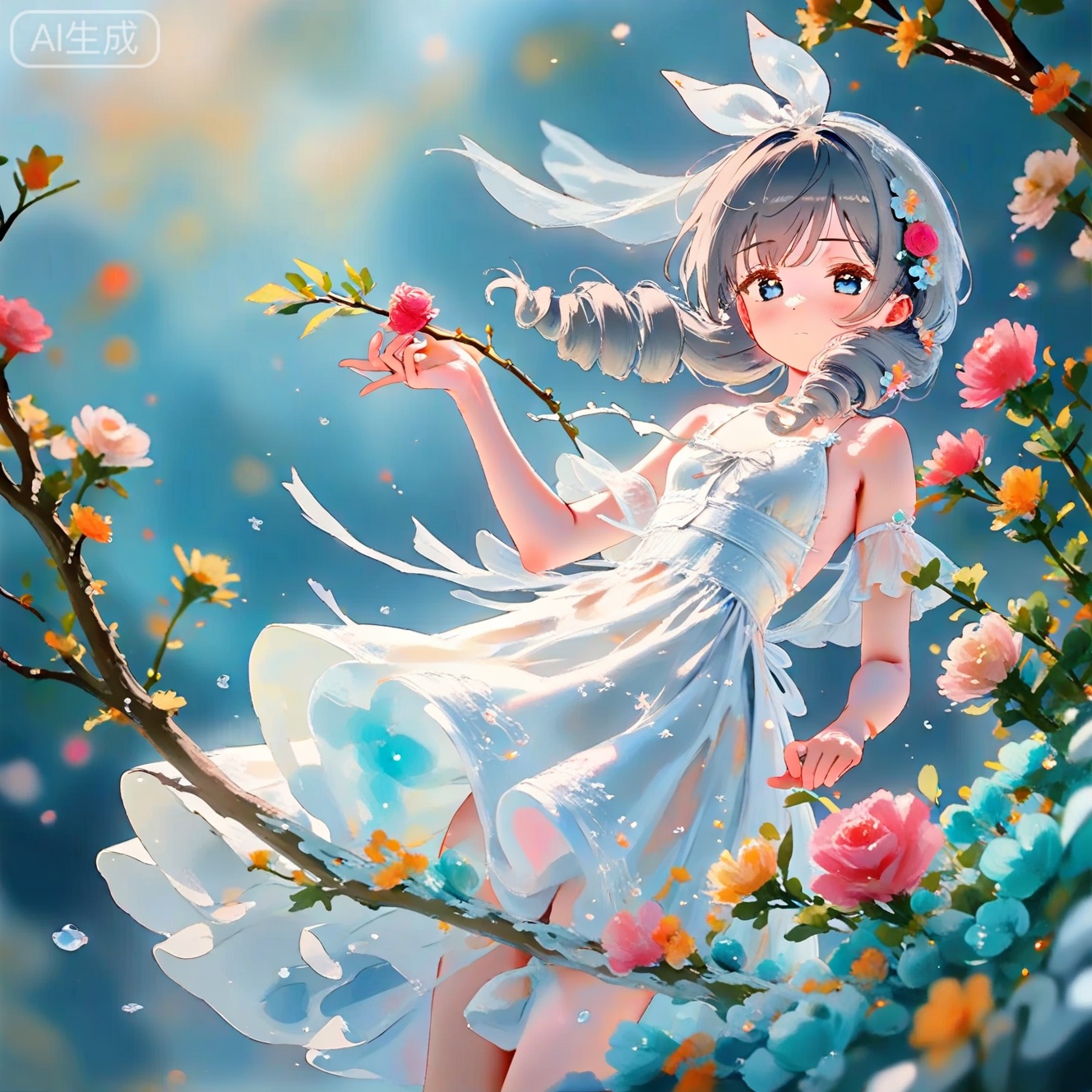 masterpiece,very aware,highres,absurdres,newest,best quality,loli,petite,high quality,chromatic_aberration,cinematic_angle,dutch angle, //,artist:ciloranko,artist:ningen_mame,artist:sho_(sho_lwlw),artist:rhasta,artist:wlop,artist:ke-ta,artist:hiten \(hitenkei\),//,1girl, solo, looking at viewer, bangs, blue eyes, hair ornament, dress, bow, ribbon, holding, bare shoulders, closed mouth, flower, hair bow, grey hair, hair flower, white dress, rose, drill hair, pink flower, branch, holding flower

