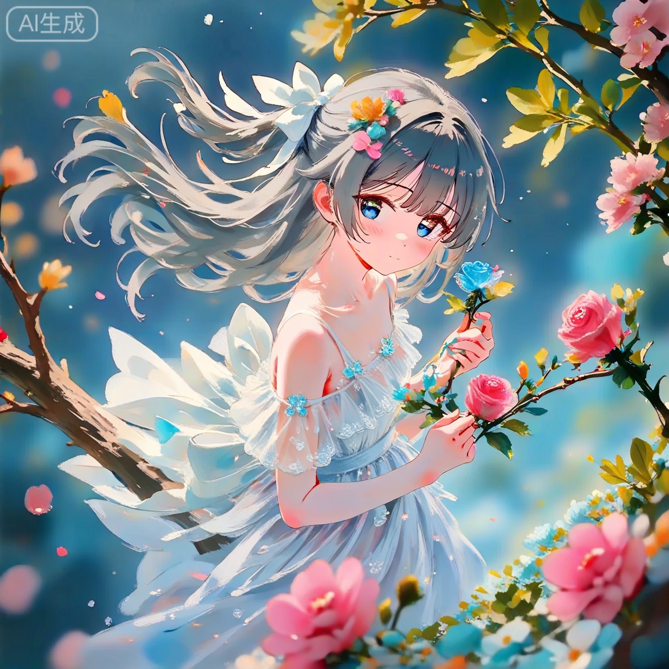 masterpiece,very aware,highres,absurdres,newest,best quality,loli,petite,high quality,chromatic_aberration,cinematic_angle,dutch angle, //,artist:ciloranko,artist:ningen_mame,artist:sho_(sho_lwlw),artist:rhasta,artist:wlop,artist:ke-ta,artist:hiten \(hitenkei\),//,1girl, solo, looking at viewer, bangs, blue eyes, hair ornament, dress, bow, ribbon, holding, bare shoulders, closed mouth, flower, hair bow, grey hair, hair flower, white dress, rose, drill hair, pink flower, branch, holding flower

