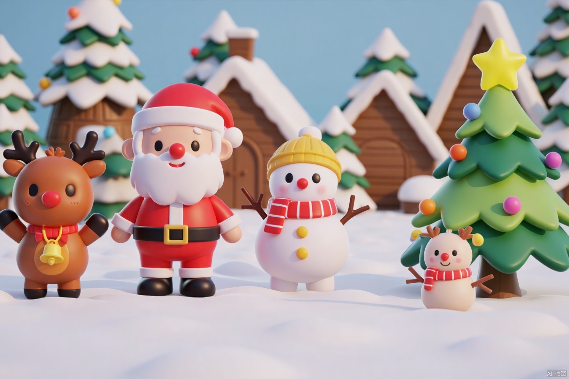 Captured from a high-angle perspective on a pristine winter day, a Santa Claus, a reindeer, a snowman, and a christmas tree are standing on a snow-covered ground. The Santa Claus is dressed in a red suit, adorned with a black belt and a red and white hat. The snowman is adorned in a yellow hat, a yellow scarf and a yellow bell. A yellow star is shining on the right side of the snowman. A row of Christmas trees are in the background, adding a touch of warmth to the scene.