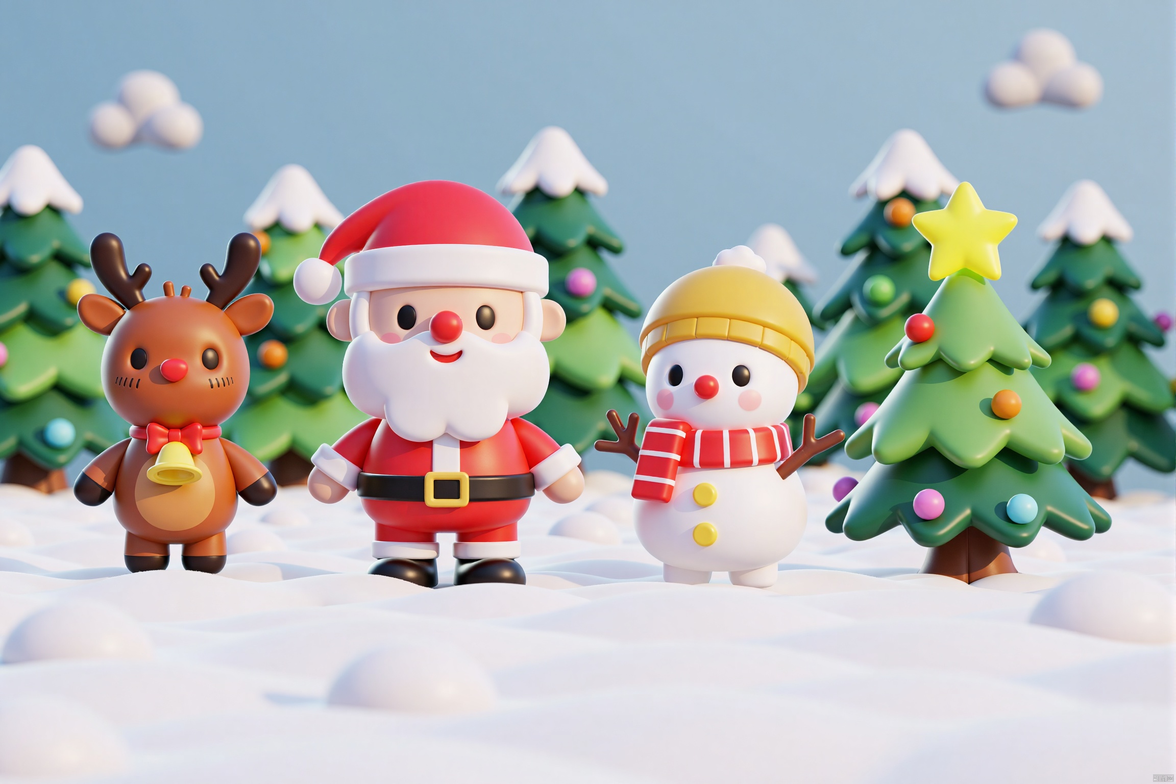Captured from a high-angle perspective on a pristine winter day, a Santa Claus, a reindeer, a snowman, and a christmas tree are standing on a snow-covered ground. The Santa Claus is dressed in a red suit, adorned with a black belt and a red and white hat. The snowman is adorned in a yellow hat, a yellow scarf and a yellow bell. A yellow star is shining on the right side of the snowman. A row of Christmas trees are in the background, adding a touch of warmth to the scene.