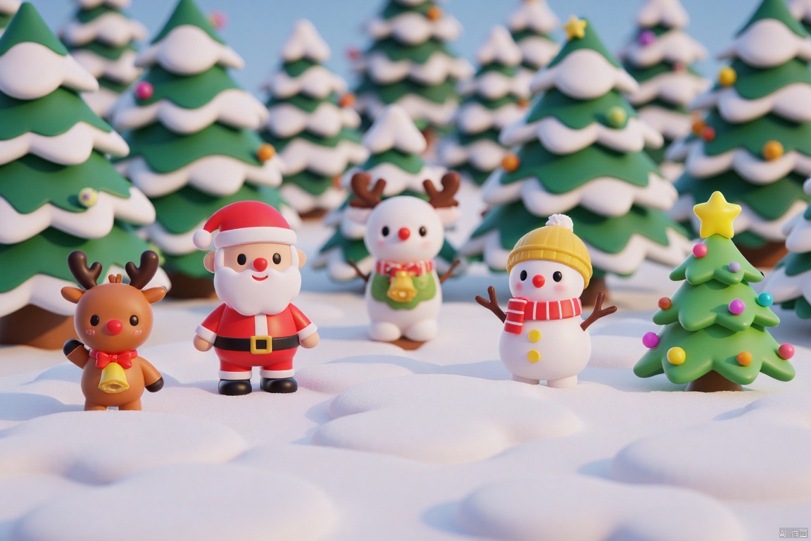 Captured from a high-angle perspective on a pristine winter day, a Santa Claus, a reindeer, a snowman, and a christmas tree are standing on a snow-covered ground. The Santa Claus is dressed in a red suit, adorned with a black belt and a red and white hat. The snowman is adorned in a yellow hat, a yellow scarf and a yellow bell. A yellow star is shining on the right side of the snowman. A row of Christmas trees are in the background, adding a touch of warmth to the scene.