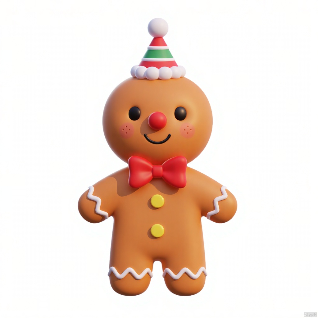 a gingerbread man is adorned with a red bow tie and three yellow buttons. The gingerbread boy's head is adorned in a red and green striped hat. The background is a stark white, creating a stark contrast to the figure.