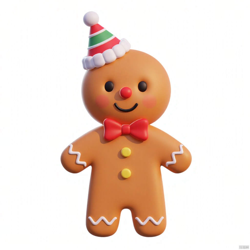 a gingerbread man is adorned with a red bow tie and three yellow buttons. The gingerbread boy's head is adorned in a red and green striped hat. The background is a stark white, creating a stark contrast to the figure.