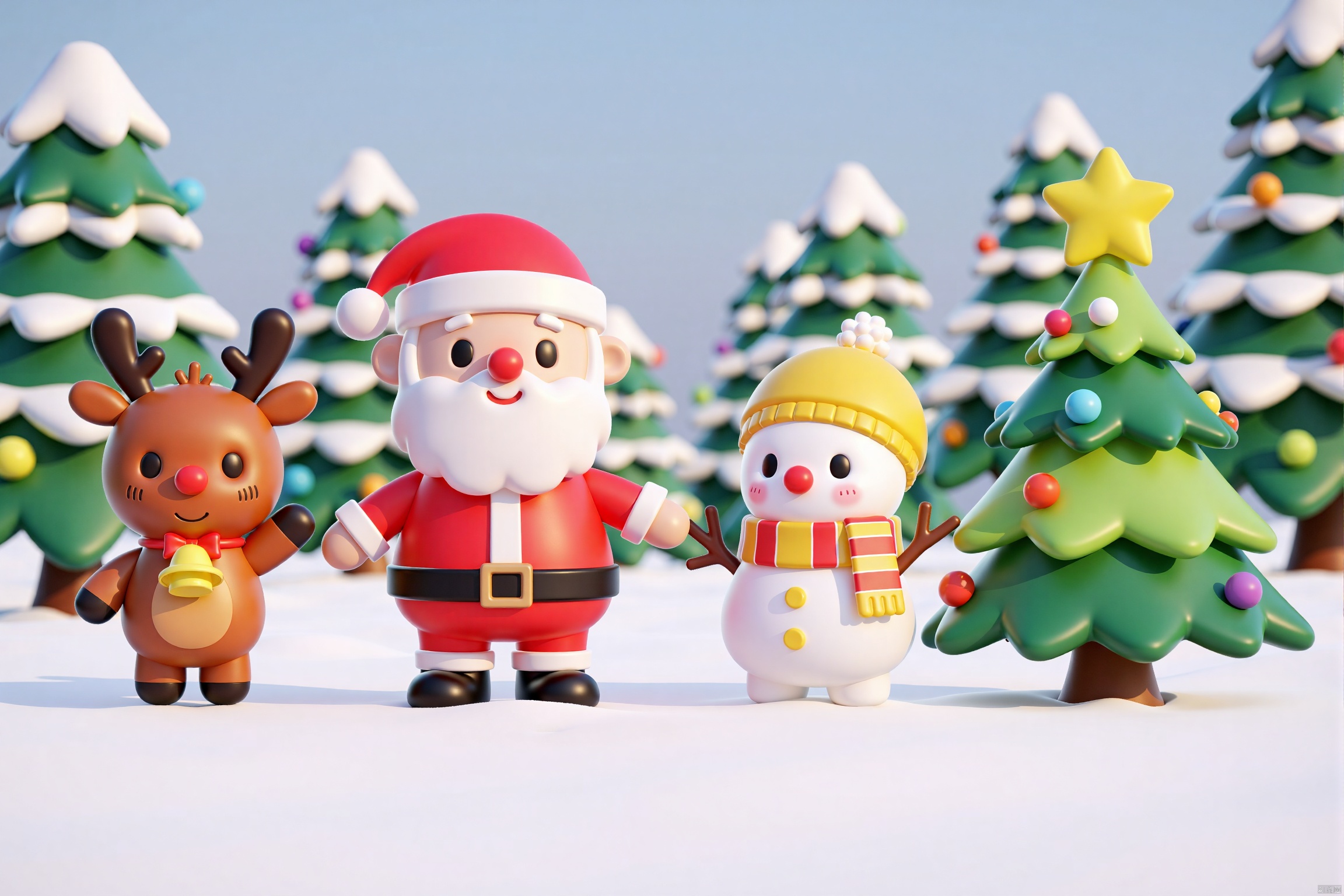 Captured from a high-angle perspective on a pristine winter day, a Santa Claus, a reindeer, a snowman, and a christmas tree are standing on a snow-covered ground. The Santa Claus is dressed in a red suit, adorned with a black belt and a red and white hat. The snowman is adorned in a yellow hat, a yellow scarf and a yellow bell. A yellow star is shining on the right side of the snowman. A row of Christmas trees are in the background, adding a touch of warmth to the scene.