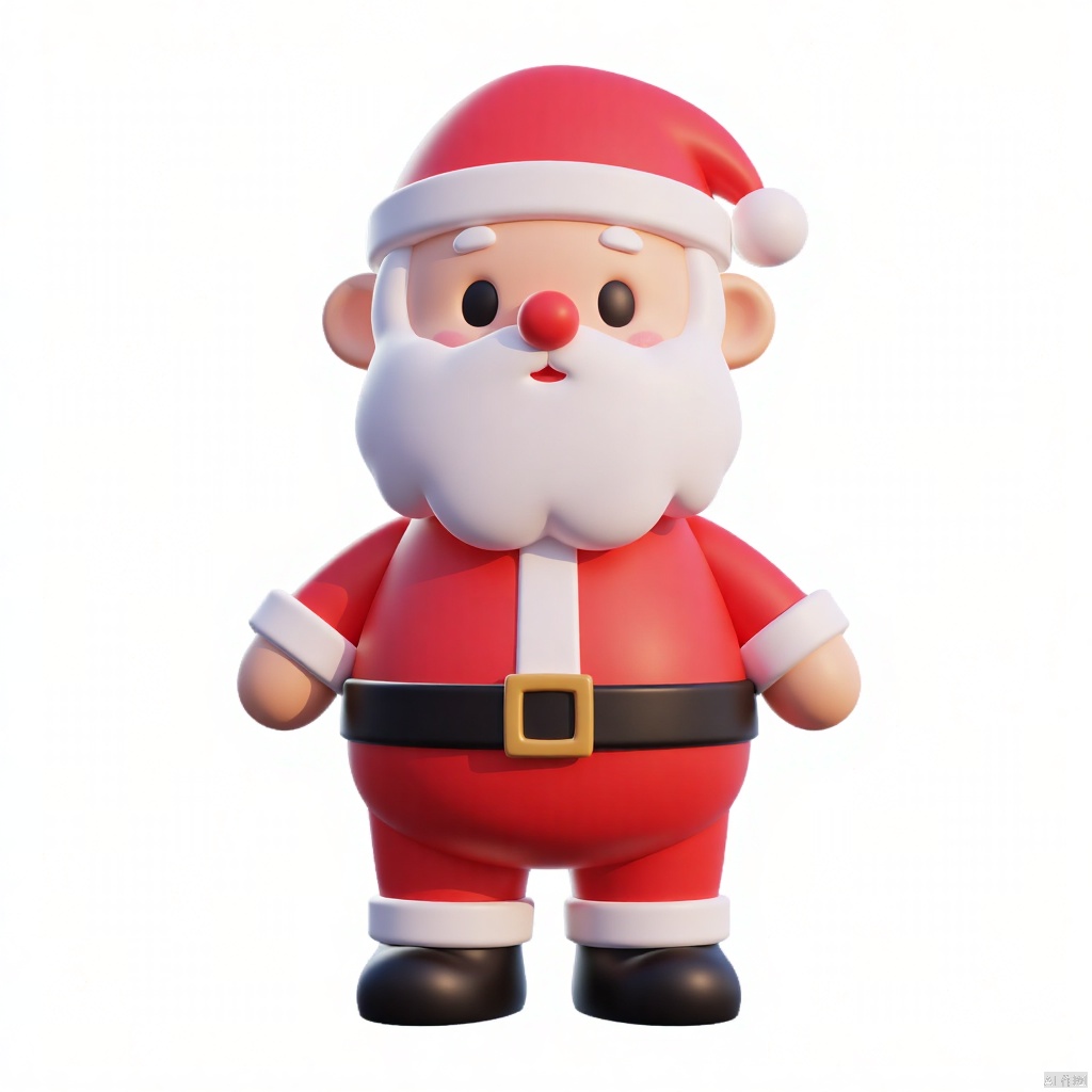 a Santa Claus figurine stands against a stark white backdrop. The figurine, dressed in a red and white suit, adorned with a black belt and a gold buckle. The Santa Claus is adorned with black eyes, a red nose, and a white beard. His ears are perked up, adding a pop of color to the scene.