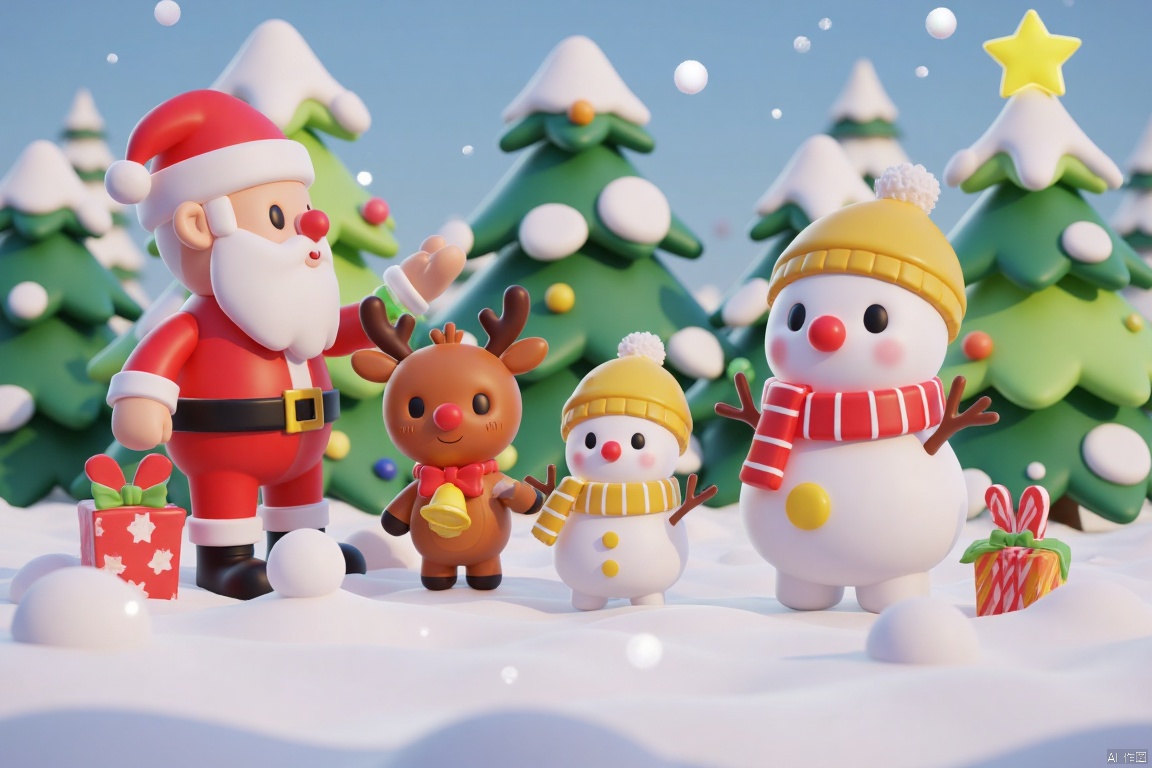 Captured from a high-angle perspective on a pristine winter day, a Santa Claus, a reindeer, a snowman, and a christmas tree are standing on a snow-covered ground. The Santa Claus is dressed in a red suit, adorned with a black belt and a red and white hat. The snowman is adorned in a yellow hat, a yellow scarf and a yellow bell. A yellow star is shining on the right side of the snowman. A row of Christmas trees are in the background, adding a touch of warmth to the scene.