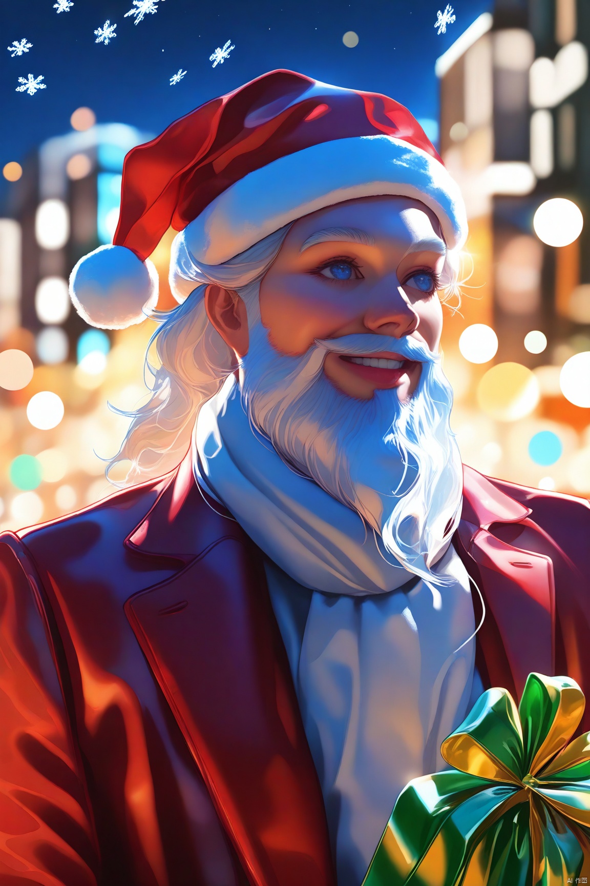 Transparent Colorful Cartoon Anime Style,(Santa Claus flying in the sky,beautiful detailed eyes,beautiful detailed lips,extremely detailed face,long white beard,wearing red suit and hat,holding a sack of gifts,smiling,over a city at night,city lights glowing,brightly lit buildings,full of Christmas decorations,snowflakes falling all around,moonlit sky,illustration,best quality,4k,8k,highres,masterpiece:1.2,ultra-detailed,realistic,photorealistic,photo-realistic:1.37,sharp focus,physically-based rendering,extreme detail description,professional,vivid colors,bokeh,Christmas atmosphere,cozy and warm,joyful,peaceful,celebratory,night scene,urban landscape,festive,sparkling lights,white snow,blurred background,soft lighting)