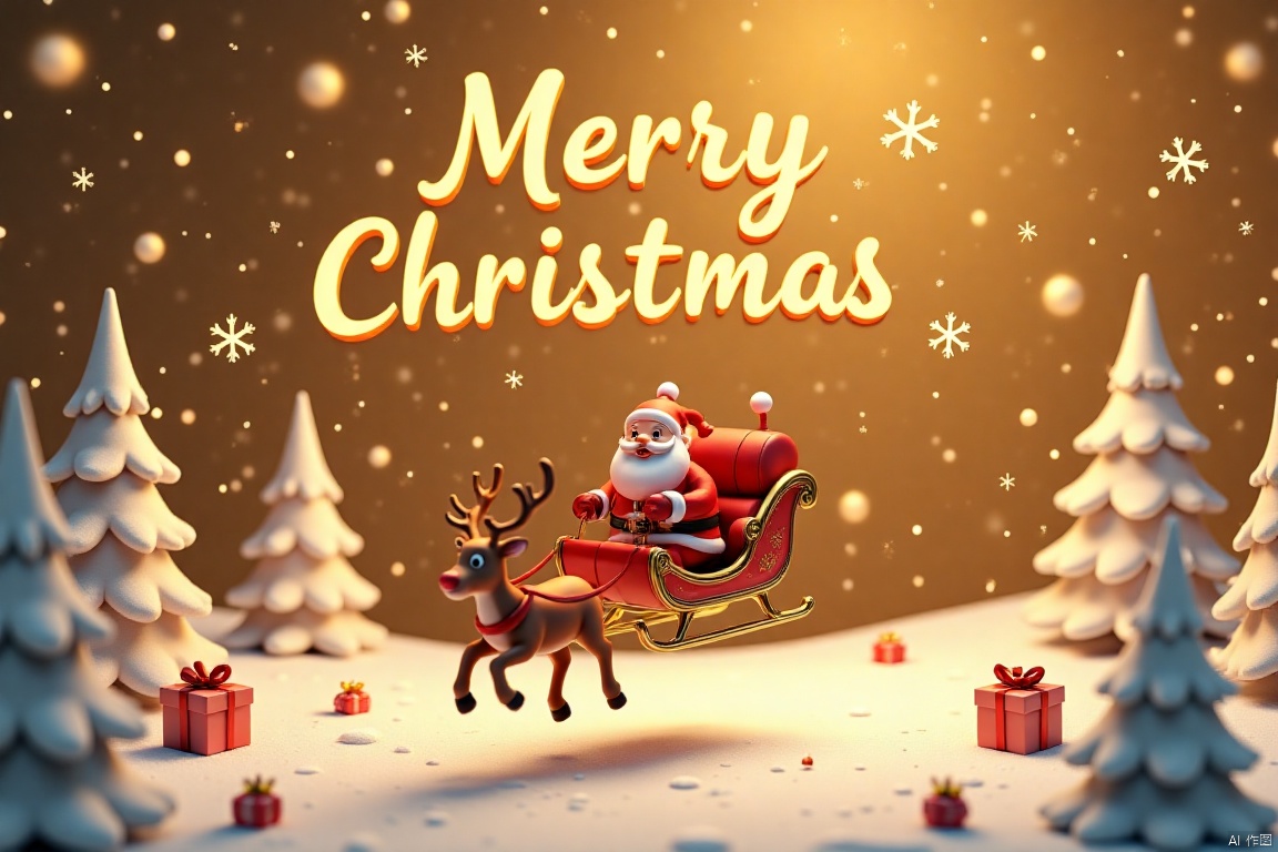 From a top-down vantage point, a whimsical Christmas scene unfolds in 3D OC rendering. In the air, Santa Claus guides his reindeer-powered carriage through a surreal landscape. The 3D cartoon-style illustration is set against a dark gold background with a small gift box nearby. Snowflakes gently float amidst the golden sky, reading 'Merry Christmas' in bold letters.