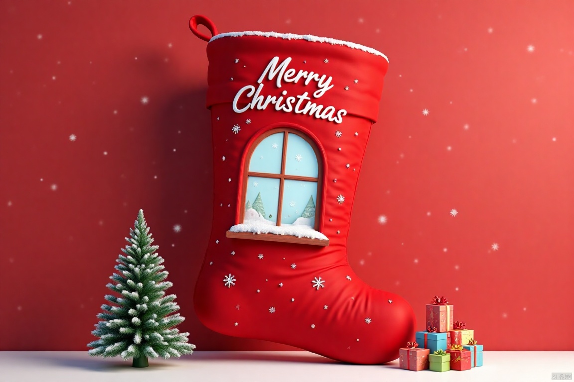 A gigantic red Christmas stocking with "Merry Christmas" written on it, featuring a large window in the center with snowflakes adding to the festive atmosphere. To the left, a tiny, snow-covered evergreen Christmas tree, to the right, a pile of colorful gifts.