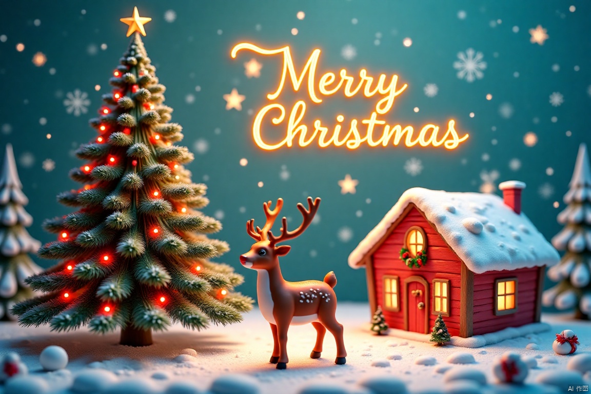 christmas tree,reindeer,house,'Merry Christmas ',Christmas-scenery